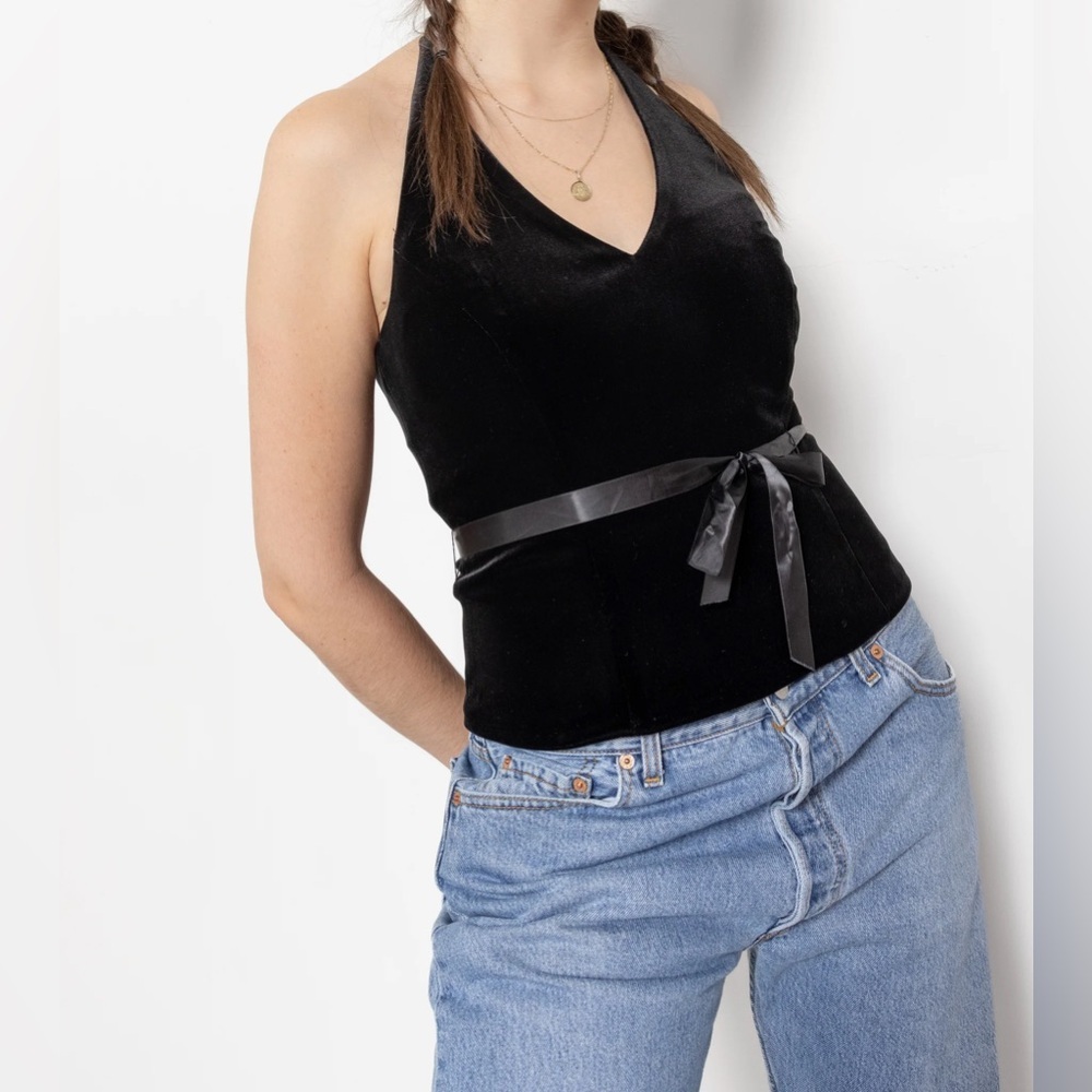 Xscape Black Halter Top Size 10 Satin Tie Waist Backless Evening Party Blouse